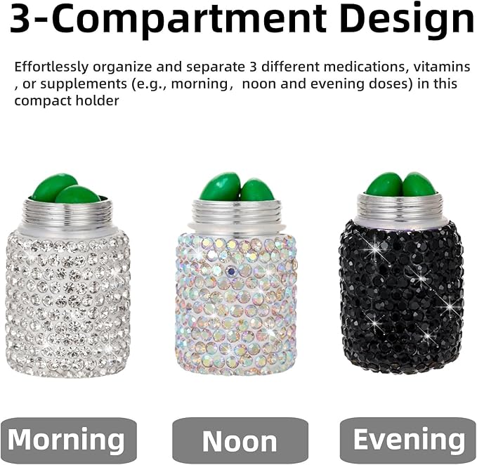 3 Compartment Small Pill Holder Keychain Bling Pill Container with Key Chain Travel Pill Organizer Medicine Box for Women (White+AB+Black)