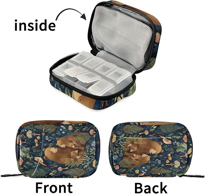 Watercolor Forest Brown Bears Green Travel Pill Organizer Case Box Container Weekly Portable Vitamin Medicine Holder Storage Bag with Zipper Removable