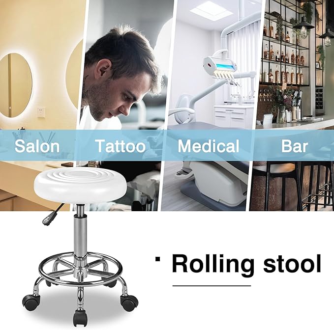 VECELO Hydraulic Salon Stool with Wheels, Height Adjustable PU Leather Swivel Seat, 300 lb Capacity (White)