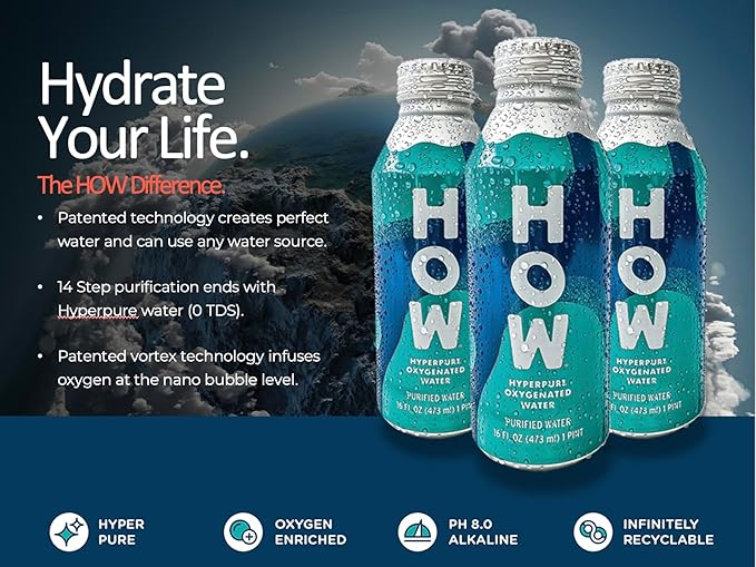 HOW Hyperpure Oxygenated Water - Infinitely Recyclable, Oxygen Enriched, Microplastic Free Purified Water 16oz Aluminum Bottle