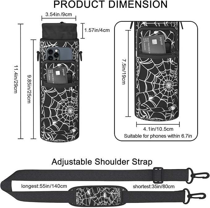 Halloween Water Bottle Sling Bag for 25oz/32oz Tumblers,Adjustable Neoprene Water Bottle Carrier Bag,Insulated Carrier with Shoulder Strap & Phone Pocket - Spider Web Gifts for Women