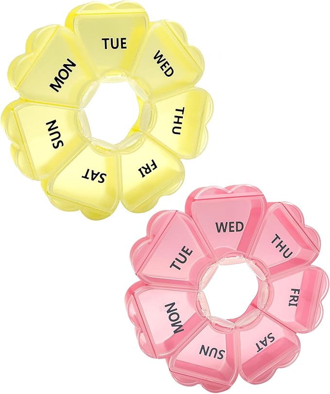 Large Weekly Pill Organizer,7 Day Cute Heart Pill Organizer,Weekly Container for Fish Oil/Medicine/Supplements (Yellow2+Purule2)