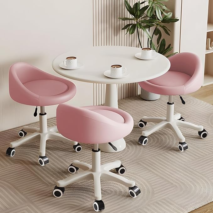 Rolling Stool Set of 3– Ergonomic Swivel Seat, Adjustable Height, Ultra-Quiet Wheels, Padded PU Leather Cushion, for Salon, Office, Massage & Medical Use Pink