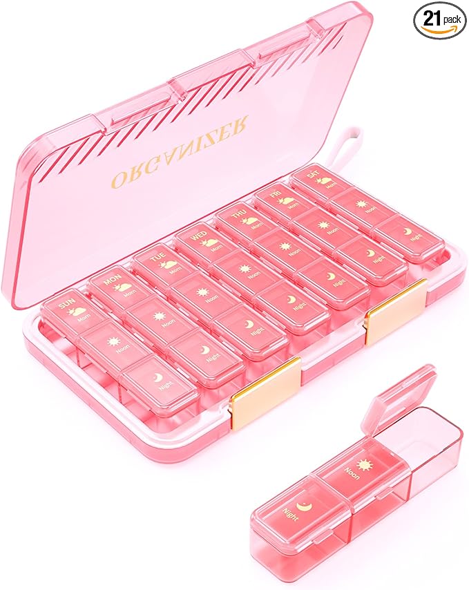 Pill Organizer 3X a Day, Large Weekly Pill Box 7 Day 3 Times a Day, Portable Travel Daily Pill Case Container for Medicine, Vitamin, Fish Oil and Supplement Storage Cute Pink