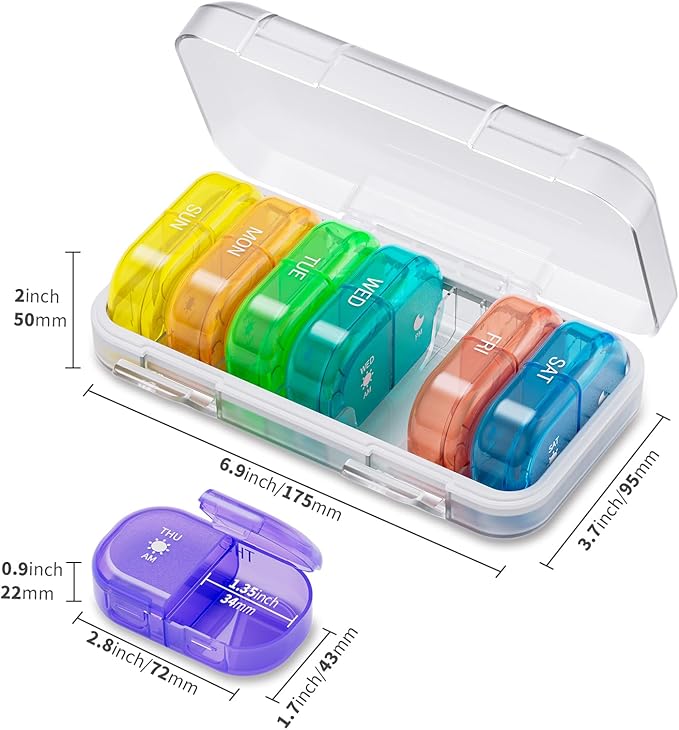 RICHCEE 14 Compartments Weekly Pill Organizer, Rainbow 7 Day AM PM Pill Box 2 Times a Day, Medicine Planner, Portable Removable Travel Pill Case for Fish Oil/Vitamin/Supplement Box(Rainbow)