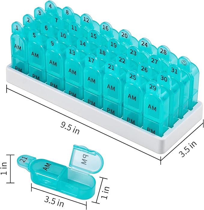 Daviky Monthly Pill Organizer 2 Times a Day, 30 Day Pill Box AM PM with Separate Container, One Month Medicine Case Twice a Day to Hold Vitamins, Supplements and Medication (Cyan)