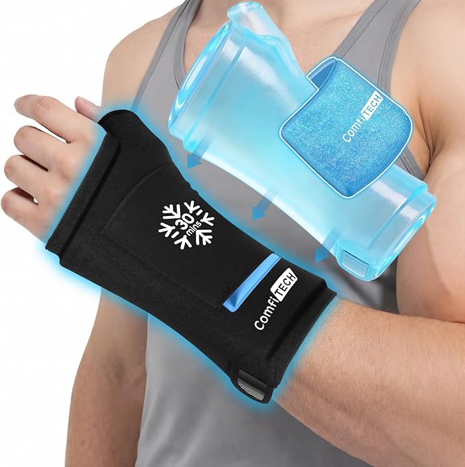 ComfiTECH Dual-Gel Wrist & Thumb Ice Pack Wrap with Extended 30-Min Cooling & Wider Coverage for Forearm, Detachable Cold Pack & Carpal Tunnel Hand Ice Sleeve for Better Putting On & Off, L