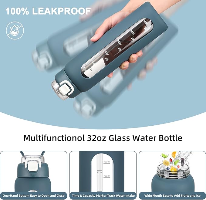 32 oz Glass Water Bottle with 2 Lids-Handle Spout Lid & Straw Lid, 1 Liter Motivational Borosilicate Water Bottle with Time Marker and Silicone Sleeve,Leakproof-Dark Blue-1 Pack