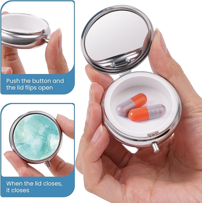 Mini Pill Box, Small Pill Box, Portable Pill Box, Cute Pill Organizer for Vitamins, Medications, Fish Oil and Supplements (Beautiful Marble)