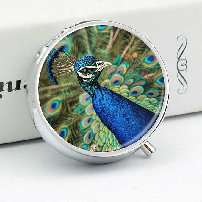 Beautiful Peacock Pill Organizer Cute Pill Box Decorative Metal Pill Case Portable Vitamin Organizer Travel Medicine Holder Mini Pill Storage Container for Purse