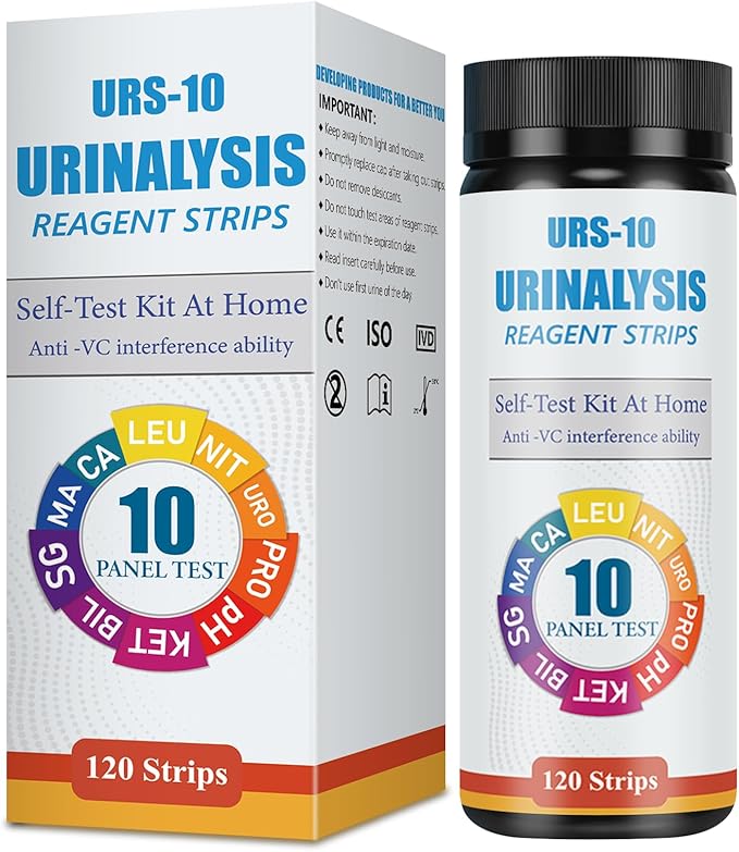 Urinalysis Test Strips - 120 CT | 10-in-1 Comprehensive Urinalysis for Microalbumin, Calcium, PRO, URO, NIT, LEU, SG, BIL, KET, pH | Home Urine Test Strips for Urinary Tract Infections
