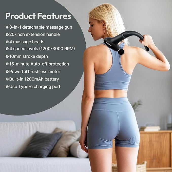 3-in-1 Detachable Percussion Massage Gun - with Upgraded Extension Handle, Back Massager for Pain Relief Deep Tissue, Muscles/Neck/Shoulders/Waist/Legs Massager with 4 Replaceable Massage Heads