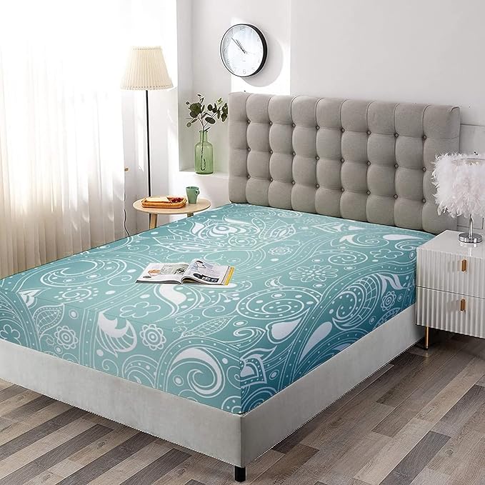 XISUNYA Decorative Bedding Sheet Set Twin Size, Aqua Deep Pockets Fitted Sheet & 2 Pillowcases Set(No Flat Sheet), Vintage Abstract Design Indian Floral Leaf Print Microfiber 3pc Bed Sheets Set