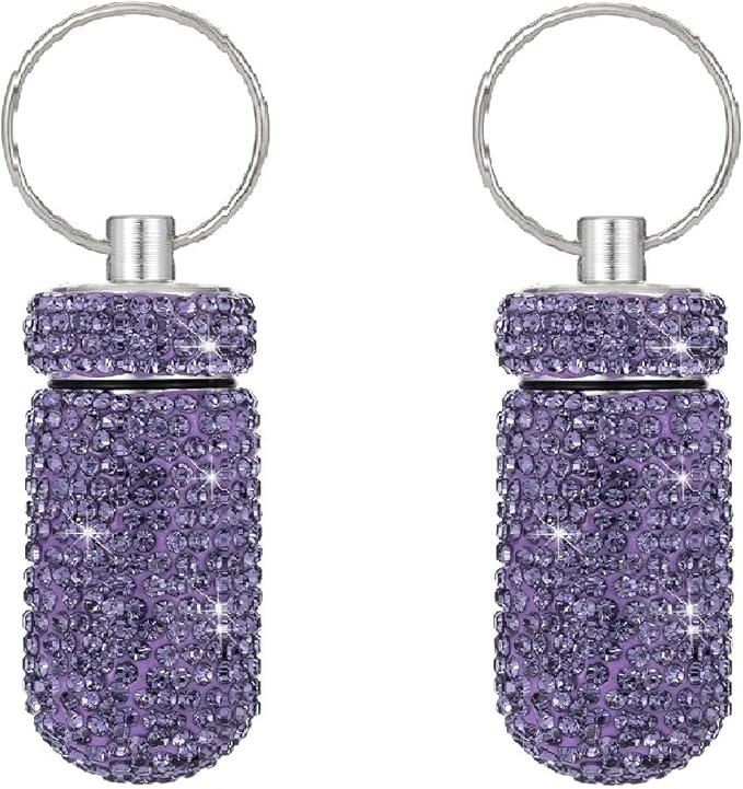 2 Pcs Pill Holder Keychain, Bling Aluminum Medicine Holder Pill Container Mini Size Waterproof and Light Weight Portable Pill Bottle Case (Purple 2Pcs)
