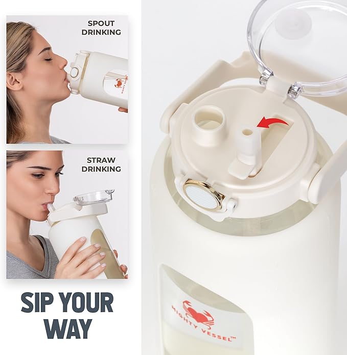 64 Oz Water Bottle with Time Marker & Straw - White Pregnancy 2 Liter Glass Water Bottles with Measurements - Daily intake bottle - Leakproof Borosilicate jug