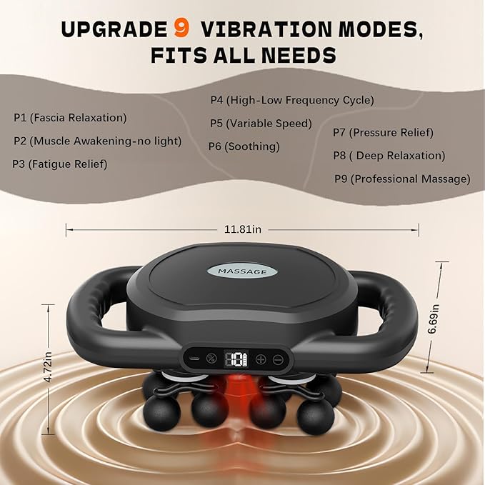 12-Head Massage Gun Deep Tissue, Electric Massager Tool with 9 Levels & 9 Modes, Cordless Back/Neck/Foot/Arm/Body/Leg/Shoulder Massager for Pain Relief, Gifts for Men/Women/Mom/Dad (Black+Black)