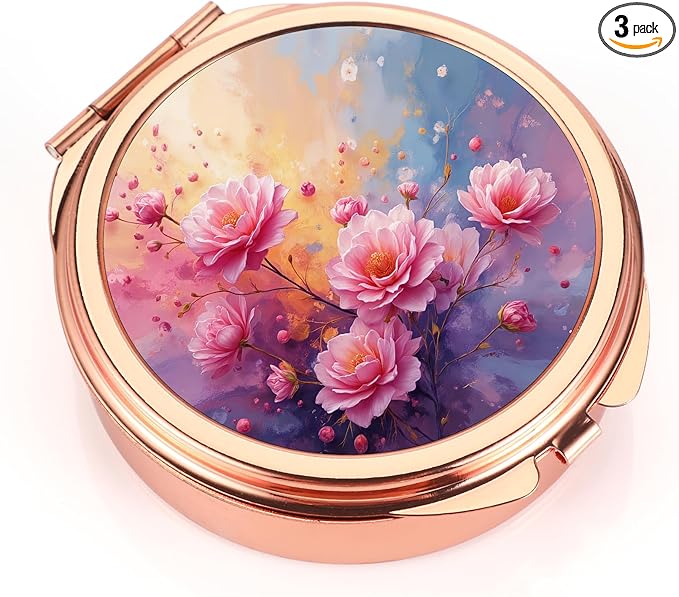 Dynippy Pill Case Pill Box with Mirror Pocket 3 Compartment Medicine Case Vitamin Pill Organizer for Pocket Purse and Travel (Round, Rose Gold-BloomGlow)