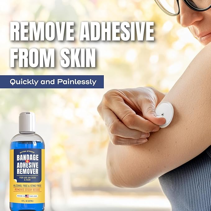 Sting-Free Adhesive Remover - 8oz Gentle & Pain-Free Bandage & Strong Adhesive Remover - Ideal for Sensitive Skin, Sports Tape, Dialysis Ports, Continuous Blood Glucose Monitoring & Colostomy Bag Care