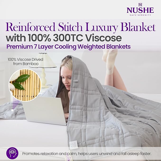Weighted Blanket for Adults (15 lbs, 48”x72”, Grey) Twin Size. 100% 300TC Viscose, Derived from Bamboo-Premium 7 Layer Cooling Weighted Blankets. Breathable Blanket with travel bag & Machine Washable