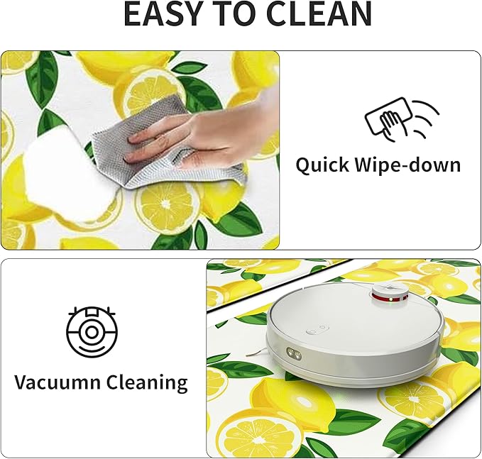 MAYHMYO Lemon Kitchen Mat Set of 2 - Anti Fatigue Mats for Kitchen Floor - Non Slip Cushioned Rugs for Standing - Lemon Decor (17.3"×29"+17.3"×47"-0.4") White