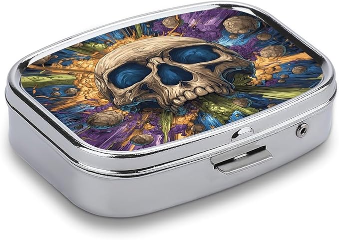 Metal Pill Organizer – 2-Compartment Pocket Pill Box for Vitamins, Supplements, Medications – Compact Travel Case (Explosion Skull Pop Art)