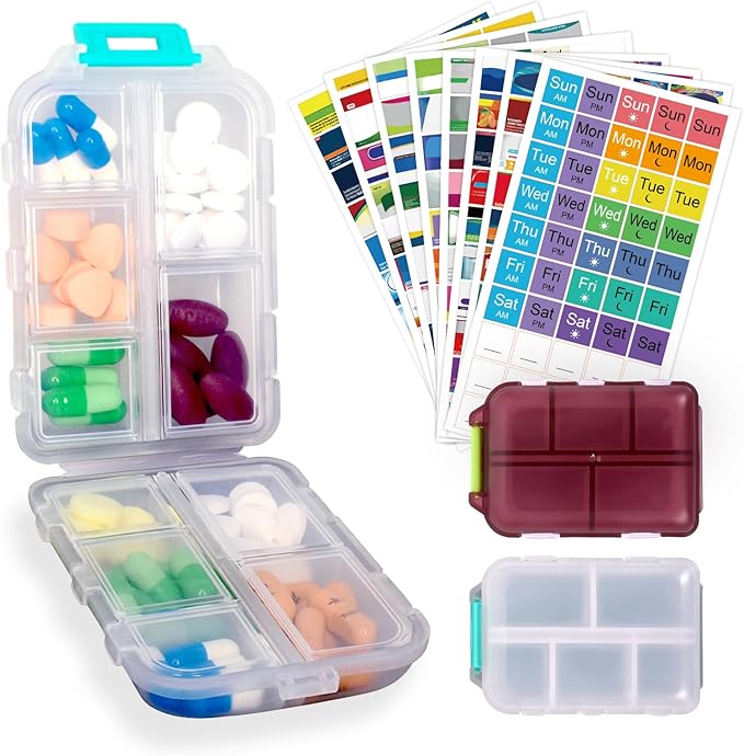 2 Pack Pill Organizer Travel Case - 10 Compartments Portable Medicine Container with 330 Labels, Double Lock Design (White & Chocolate, 2 Boxes)