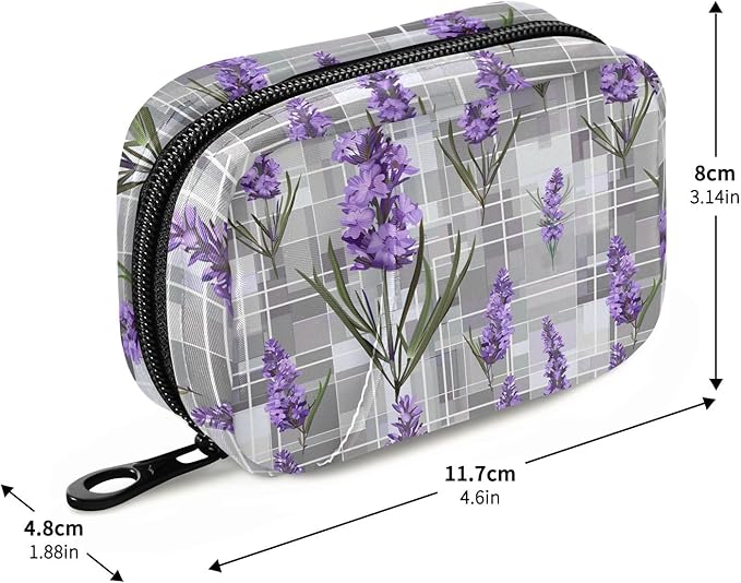 Lavender Flowers Grey Plaid 7 Day Travel Pill Organizer Case Weekly Small Pill Case Vitamin Supplements Holder with Zipper