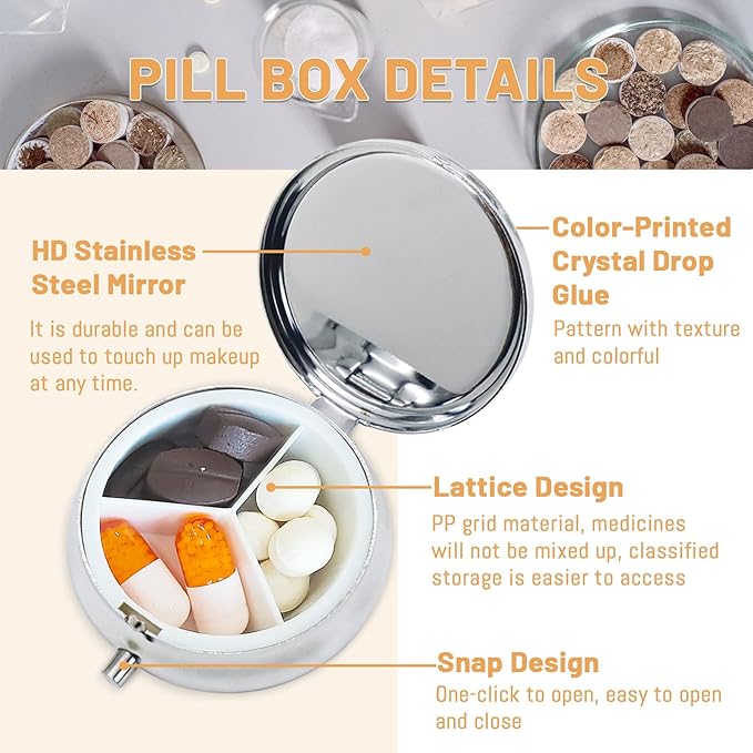 4 Pack Elegant Small Pill Box, 3 Compartments Pill Case for Purse Pocket with Mirror, Metal Travel Portable Medicine Tablet Vitamin Holder Organizer Container, Style A
