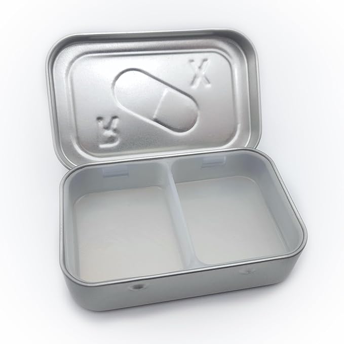 Travel Pill Tin - Quality Portable Medication Storage Solution Embossed Tin Design with Silicone Divider Insert