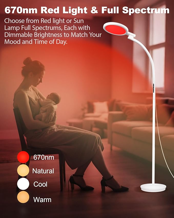 Aoife 670nm Red Light Floor Lamp for Sleep, Adjustable Red Night Light Therapy Bedside Lamp with Remote, Touch Control, 6 Scene Modes & 10 Brightness Levels, Remote Control Needs Pairing