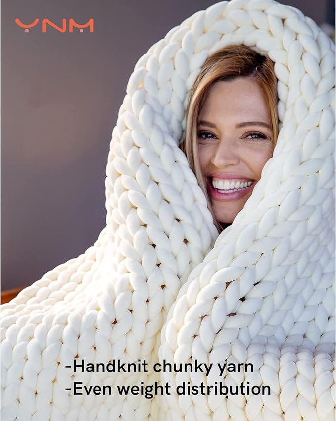 YnM Velvet Weighted Blanket, Handmade Chunky Knitted Design, Soft and Cozy, Temperature Regulating and Breathable, Machine Washable Throw for Sleep or Home Decor (Cream, 60x80 Inch, 15lbs)