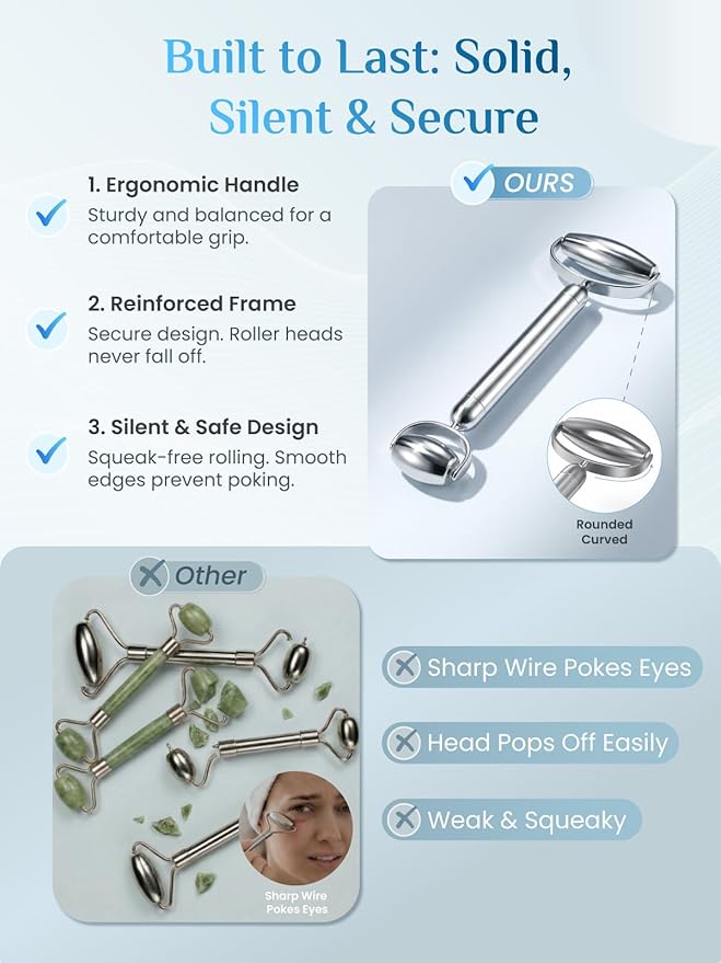 Rena Chris Gua Sha and Face Roller Set: Anti-Breakage Stainless Steel Roller for Long-Lasting Use, Jawline Sculpting and Puffiness Reducing, Gua Sha Facial Tools for Self Care Gift (Silver)