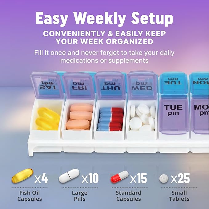 Weekly AM/PM Pill Organizer - 7 Day Medicine Planner with Large Pop-Out Daily Compartments, Easy Open 2-Times-a-Day Pill Case for Travel that Holds Big Size Vitamins & Supplements, Blue and Purple