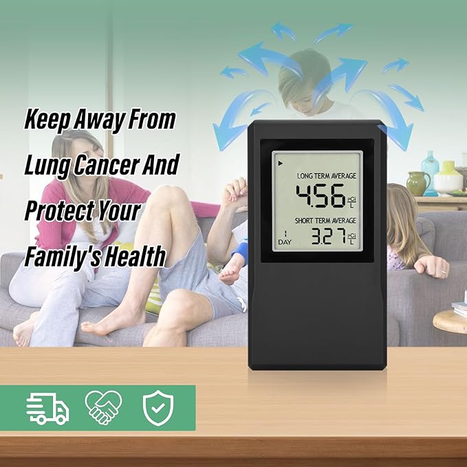 Radon Detector for Home, Allows Short and Long Term Monitoring of Radon Levels in The Air, Dual use for Hanging and Tabletop Placement, US Version-Pci/L,Radon Detector,Home Radon (Black)