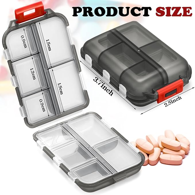 Meekoo 8 Pcs Travel Pill Organizer Pocket Portable Pill Case Daily Container Small Container Medicine Travel with 10 Compartments for Purse Fish Oil Medicine(Gray Red)