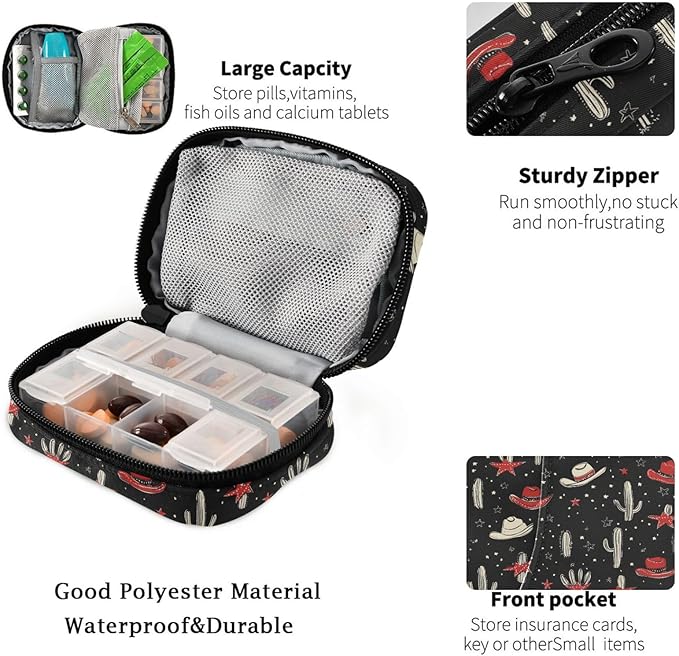 Fustylead Western Cowboy Hat and Cactus Pill Organizer for Purse, Weekly Portable Pill Box with Zipper to Storage Vitamins Fish Oils Medications Supplements