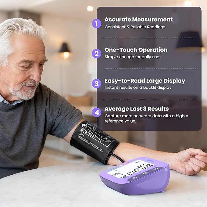 Upper Arm Blood Pressure Monitor with Wide Cuff, Automatic Digital BP Machine for Home Use, Large Backlit Display, Irregular Heartbeat Detection, Includes Storage Bag & 2×60 Memory (Purple)