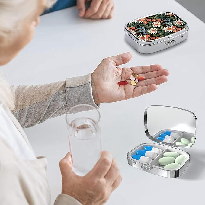Pill Box-2 Compartment Small Pill Case Square Organizer Case with Mirror Portable Metal Medicine Box Travel Container for Pocket & Purse Women Men(Wildflower and Botanical)