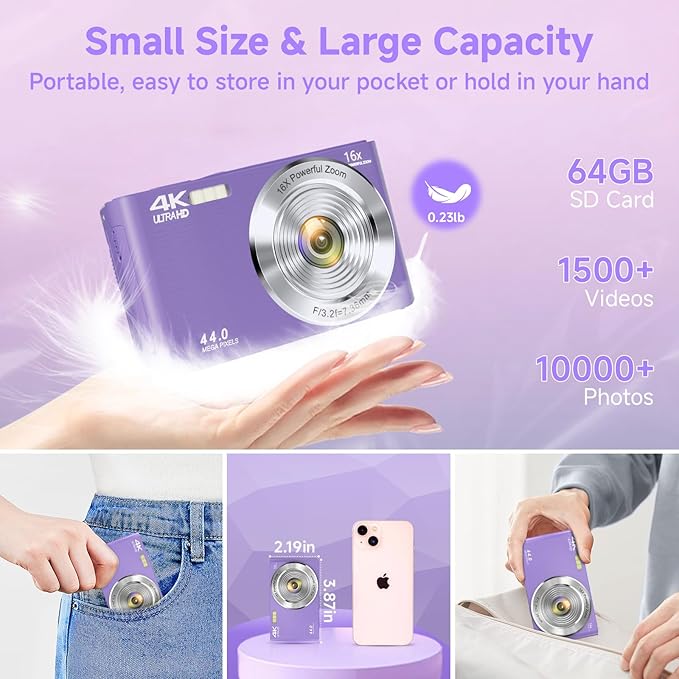 Digital Camera, FHD 4K Digital Camera for Kids Purple with 64GB SD Card 16X Digital Zoom, Cameras for Photography Compact Point and Shoot Camera for Teen Boys Girls Kids Autofocus Camera Digital