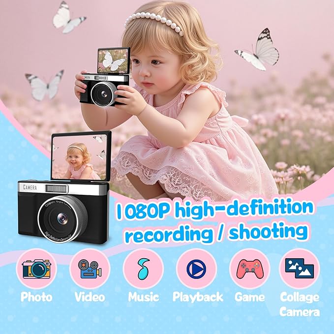 Kids Digital Camera with 180° Flip Screen, 32GB Memory Card Digital Cameras,1080P HD Point and Shoot Digital Cameras, Built in Educational Games,Ideal Gifts for Kids Boys Girls(Black)