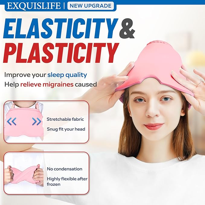 EXQUISLIFE Migraine Ice Head Wrap Cap Headache Relief Hat Hot and Cold Therapy Eyes Mask for Sinus Tension and Stress Relief (Pink)
