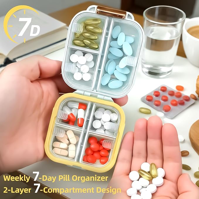 Weekly Pill Organizer 2-Layer 7 Compartments, Airtight Moisture-Proof Pill Box, Food-Grade Portable Travel Pill Case for Pills Capsules Tabs(Green)