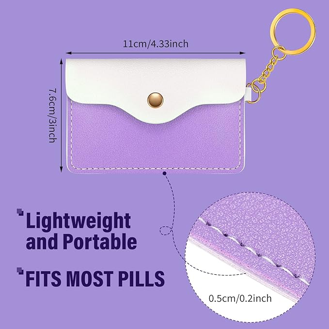 Tondiamo 2 Pack Birth Control Pill Case Holder PU Leather Pill Sleeve Packet 4.33 x 3 Inch Discreet Birth Control Pouch with Snap Closure Key Ring for Pills Card Organizer(Light Gray, Light Purple)