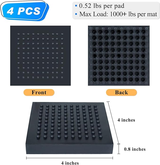 BXI Exercise Equipment Mat Heavy Duty - 4 x 4 x 0.8 Inches 4 Pcs Non Slip Noise Reduction Anti Vibration Treadmill Stationary Bike Mats, Thick Steel Embedded Rubber Pad for Hardwood Floors & Carpet
