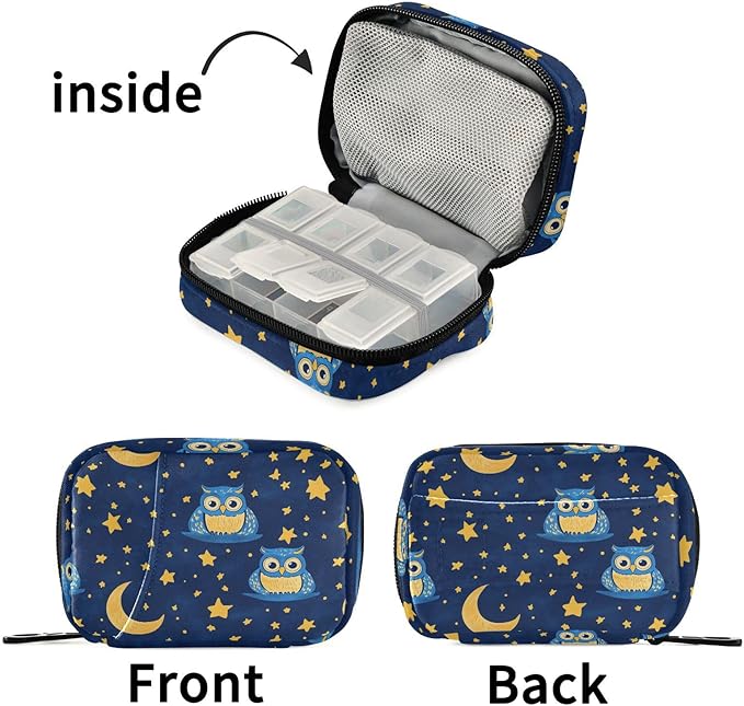 Fustylead Cute Blue Owls Moon Stars Night Sky Doodle Pill Organizer and Storage Weekly with Zipper, Removable Pill Box Portable Medicine Organizer for Vitamin Fish Oil Supplement