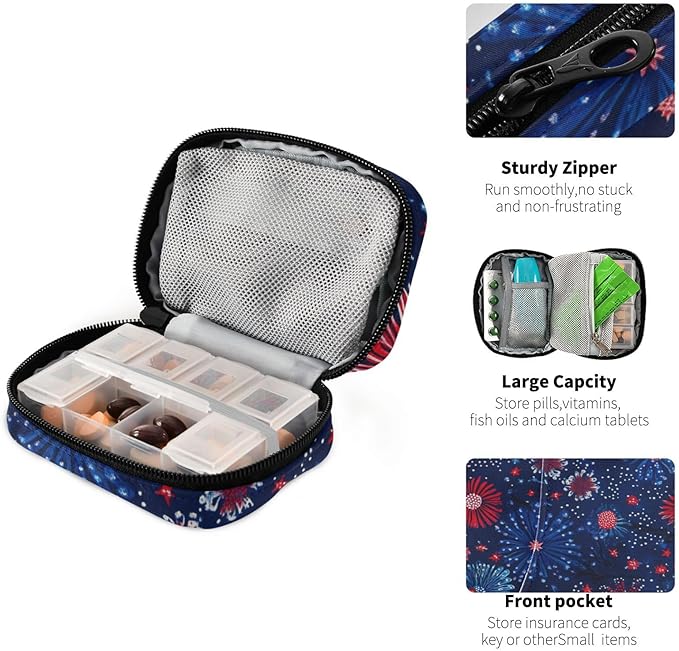 Flower 4th of July Travel Pill Organizer Case Box Container Weekly Portable Vitamin Medicine Holder Storage Bag with Zipper Removable