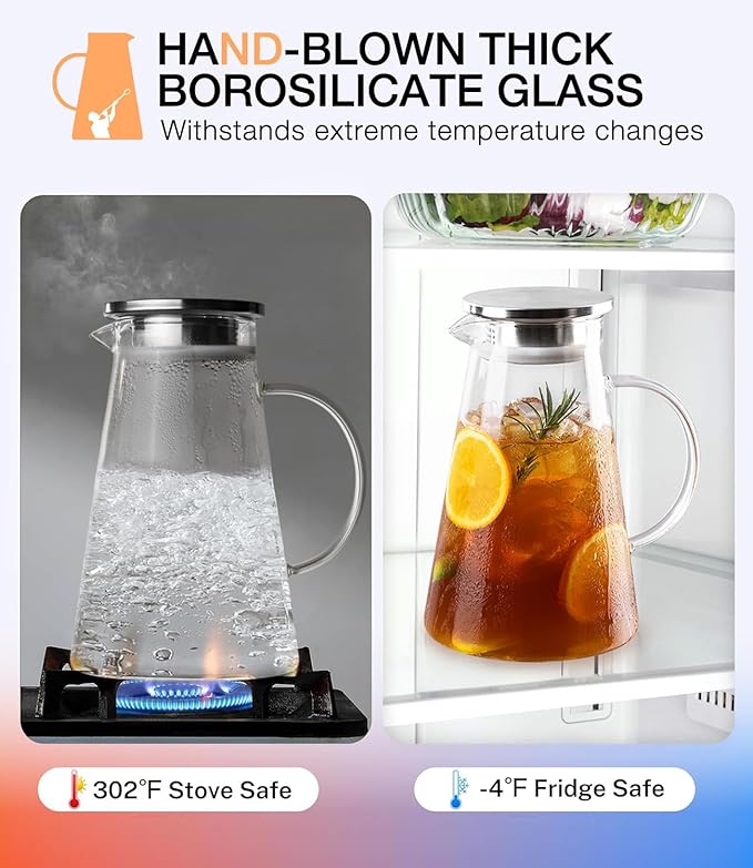 LUNA&MANTHA Glass Pitcher, 2 Liter 68oz Water Pitcher with lid and Handle, Large Ice Tea Jug for Fridge, Borosilicate Glass Carafe for Hot/Cold Drink, Juice, Coffee, Milk, Beverage