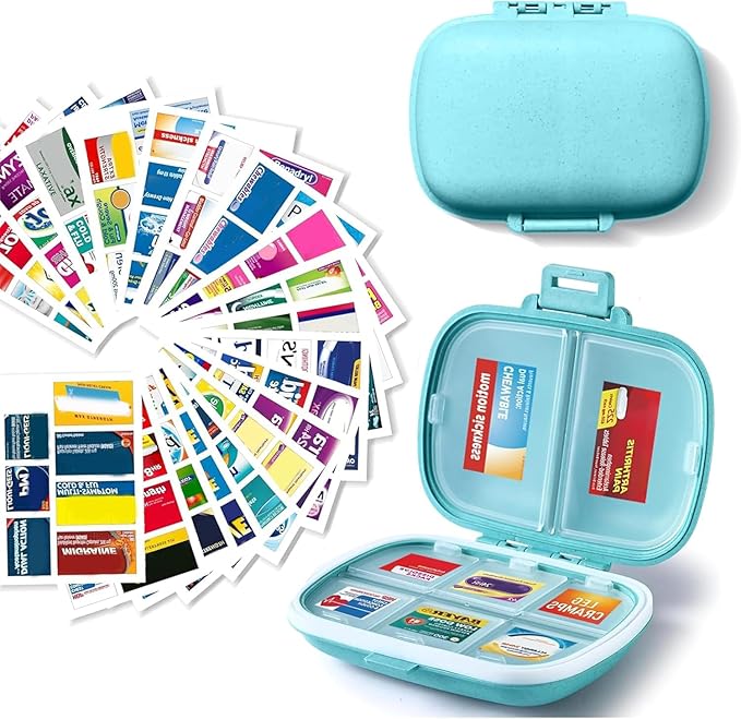 Daily Pill Container with Medicine Labels - 7 Day Mini Medication Organizer (Blue, 161 Labels)