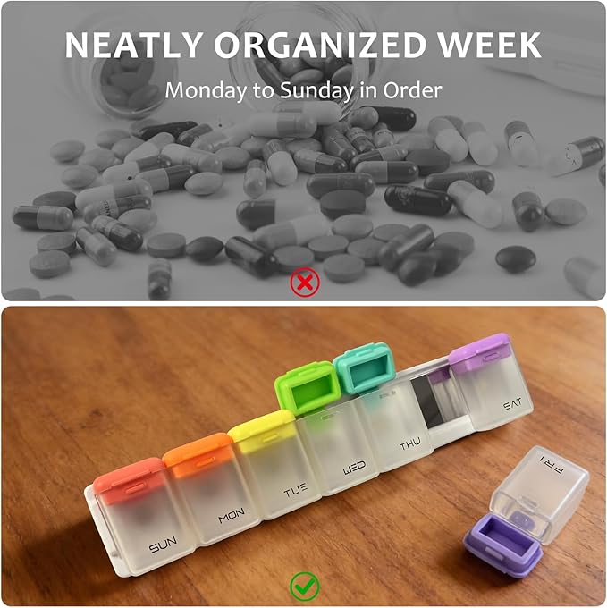 Fridge Magnetic Weekly Pill Organizer, Easy Open Daily Reminder Waterproof Pill Box for Vitamins, Travel & Daily Use (White)