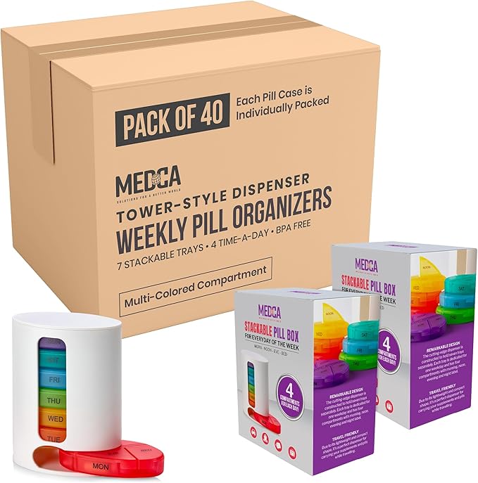 MEDca Weekly Pill Organizer, 1 Dispenser, 7 Stackable Multi-Color Compartments Four Times-a-Day - Morning, Noon, Evening, and Bedtime, White, Case of 40